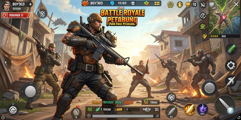Tangkapan layar utama BOY303 menampilkan aksi intense dalam pertarungan Battle Royale.