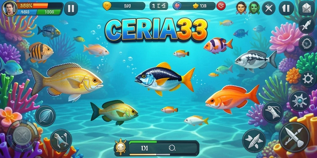 Screenshot gameplay CERIA33 menampilkan aksi seru menembak ikan di laut.