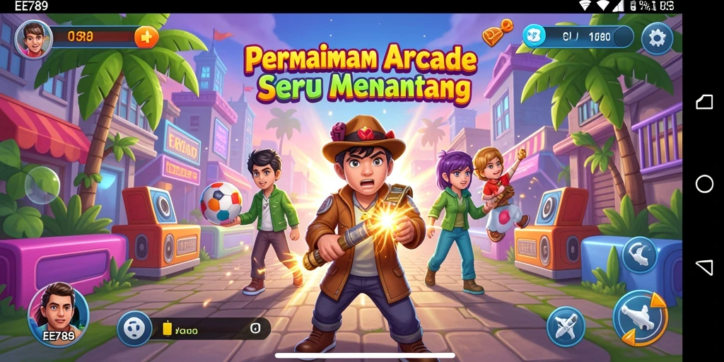 Screenshot utama EE789 menampilkan gameplay Arcade yang seru dan menantang.