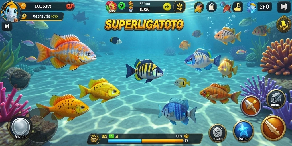 Tampilan gameplay <strong>SUPERLIGATOTO</strong> saat berburu ikan dengan teman-teman.