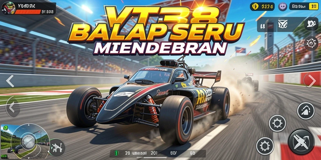 Screenshot gameplay VT38 menunjukkan balapan yang mendebarkan dengan mobil cepat.